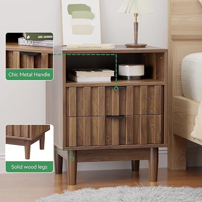 Fluted Nightstand Set of 2 with 2 Drawers, 19" Wide Night Stand with Solid Wood Legs, Open Storage Shelf, Mid Century Modern Wooden Bedside Table for Bedroom, Bed End Side Table, Walnut - Image 5