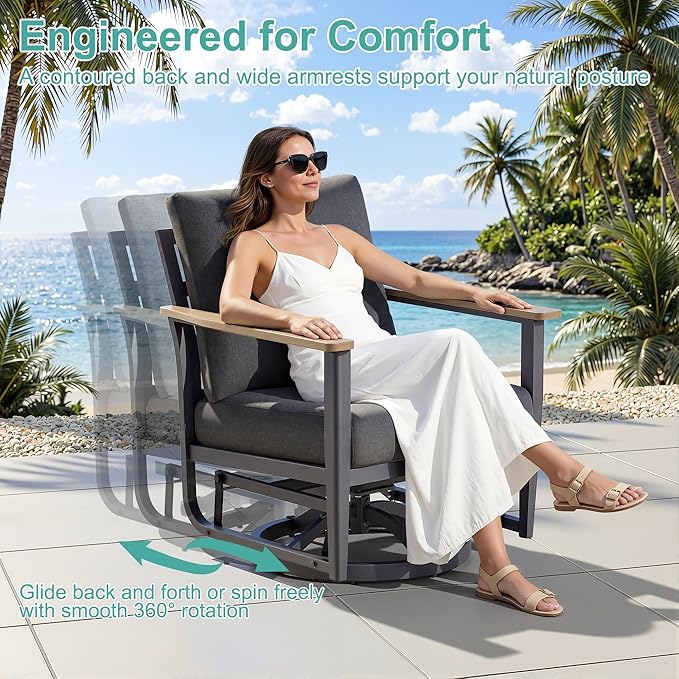 6-Piece Aluminum Patio Rocking Swivel Chair Outdoor Bistro Set, Patio Conversation Set Outdoor Patio Furniture Set with High Backrest & Thickened Cushions for Garden, Deck and Balcony, Dark Grey
