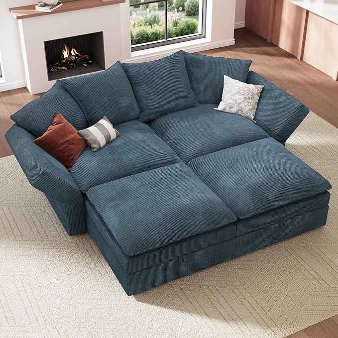 HONBAY Modular Sectional Sleeper Sofa, Corduroy 4 Seater Couch with Storage, Sectional Sleeper Couches for Living Room, Blue