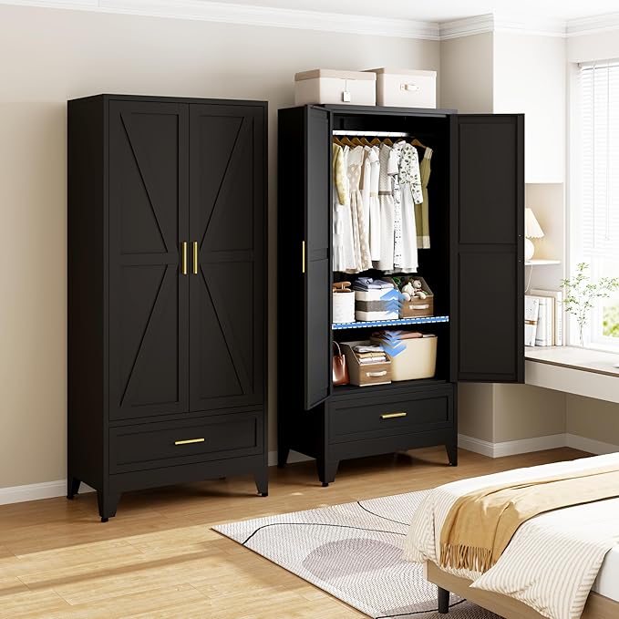 Metal Armoire Wardrobe Closet with 1 Drawer, 71" Wardrobe Cabinet with 1 Adjustable Shelf & 1 Hanging Rod for Bedroom, Black Metal Closet Storage Cabinet with 2 Doors & Drawers