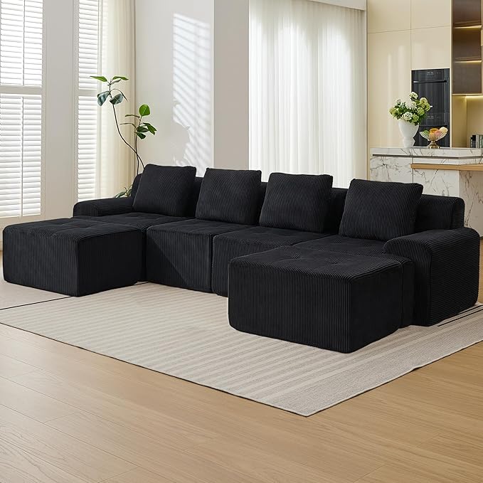 Modular Sectional Sofa, 6 Seat Modular Couch, Modular Sofa with Deep Seat and Detachable Pillow (Black, 6 Pieces-U Shape)