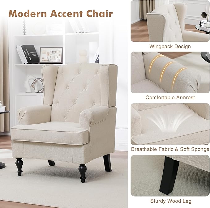 Accent Chair Set of 2, Mid Century Modern Fabric Wingback Chair, Upholstered Armchair with High Back and Vintage Legs, Comfy Single Sofa Side Reading Chair for Living Room Bedroom, Khaki