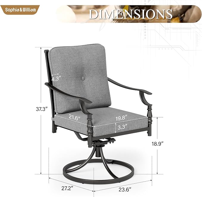 Sophia & William Outdoor Patio Swivel Dining Chairs Set of 2, Heavy Duty Patio Dining Chairs with Thickened Cushions, Wrought Iron Deck Chairs for Backyard, Poolside, Balcony and Garden - Image 6
