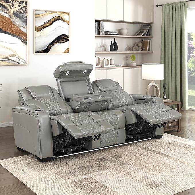 Lexicon Power Double Reclining Sofa, Center Drop-Down Table with Heat/Massage/Headrest/Storage Arms/Cup Holders/LED Lights/Wireless Charging, Top Grain Leather Match Wall Hugger Recliner Sofa, Grey