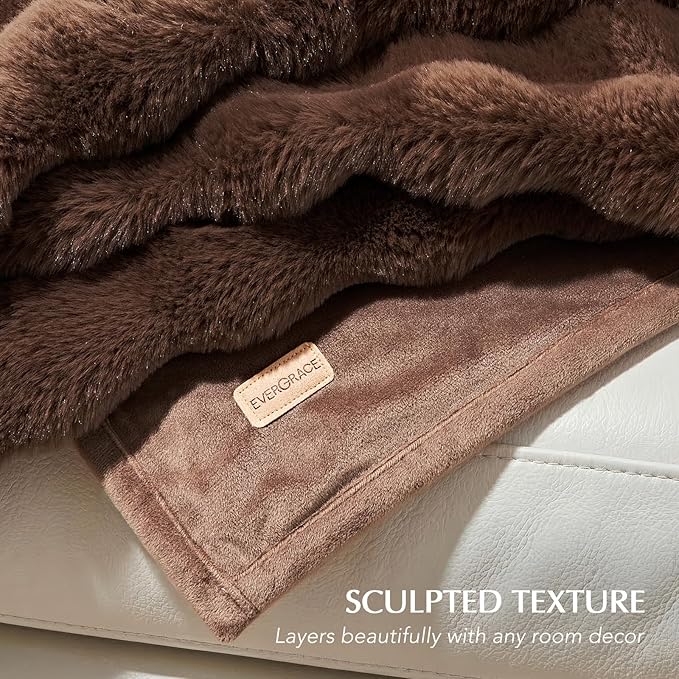 EverGrace Ultra Soft Luxury Fluffy Faux Rabbit Fur Throw Blanket, Thick Warm Bubble Throw for Bed, Cozy Plush Reversible Blankets for Couch, Chair, Sofa, Chestnut, 60x80 Inches