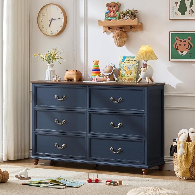 Joaxswe Farmhouse 6 Drawers Dresser for Bedroom, Vintage 54" Wide Chest of Drawers w/ 4 Wooden Legs, Rustic Large Closet Storage Dressers Organizer for Hallway, Wood TV Stand for Living Room, Blue - Image 9