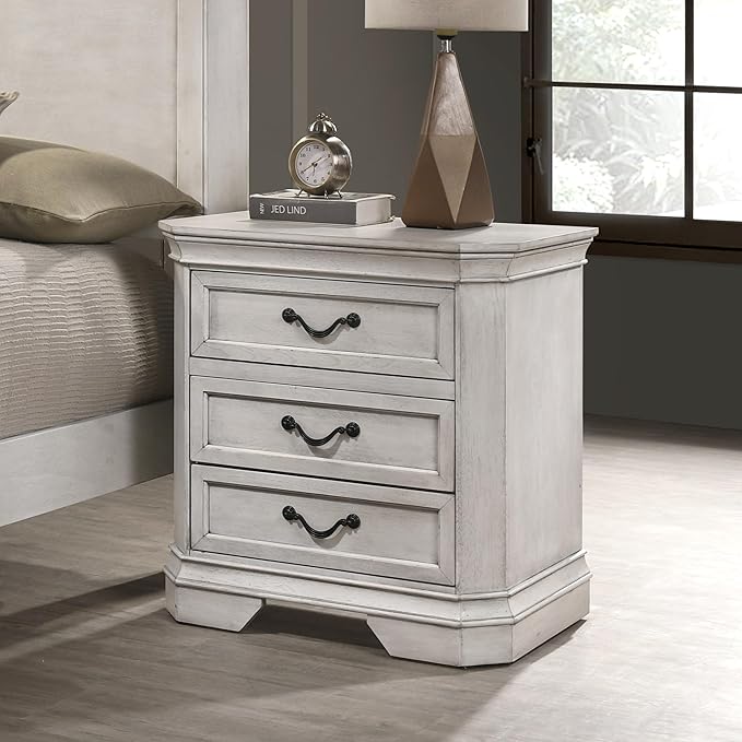 Roundhill Furniture Maderne Wood Panel Bed with Two Nightstand, King, Antique White Finish
