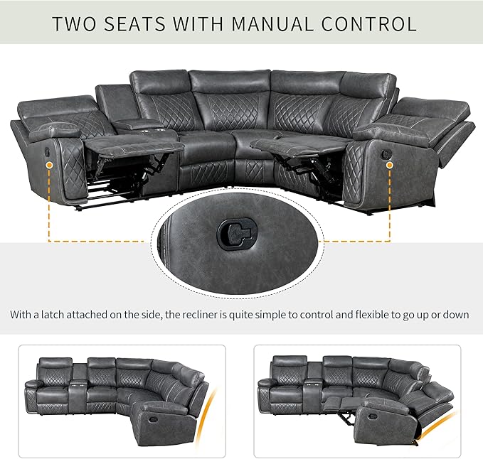 ERYE Modern Manual Reclining Corner Sectional Sofa,L-Shaped Faux Leather Upholstered Motion Recliner Sofa Couch W/Storage Console and 2 Cup Holders for Living Room Home Theater