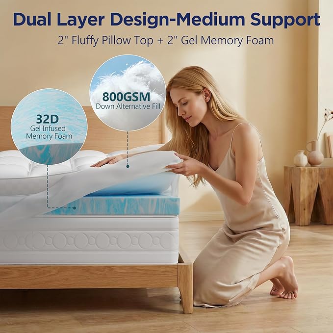Dual Layer 4 Inch Memory Foam Mattress Topper Twin XL for College Dorm, 2 Inch Cooling Gel Memory Foam and 2 Inch Down Alternative Pillow Top Mattress Pad Cover 8-24 Inch Deep Pocket