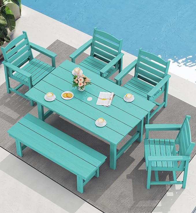 SERWALL Outdoor Dining Set for 6, HDPE Dining Furniture Set with Umbrella Hole Cut-Out Table and 1 Dining Bench and 4 Chairs, All Weather Outdoor Dining Bench Sets, Aruba by SERWALL