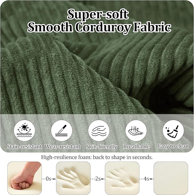 53.15'' Convertible Compressed Corduroy Folding Cloud Sofa Bed, Modern Boneless Pull Out Loveseat Sleeper in a Box, 4 in 1 Floor Mattress Futon Cloud Couch, No Assembly Needed, Green, 2 Pillows, Full