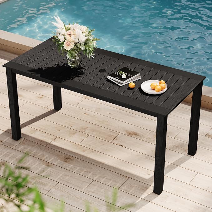 YEFU Outdoor Dining Table for 6: All Weather Rectangular Patio Table with Umbrella Hole and Aluminum Frame - Outdoor Furniture for Outside Backyard/Garden/Pool/Porch/Deck 300lbs Capacity Black by YEFU