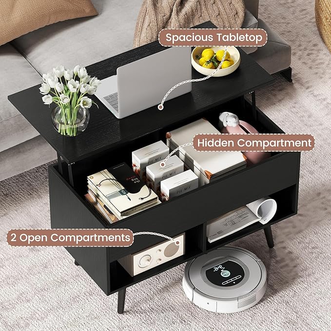 Tangkula Lift Top Coffee Table, Modern Cocktail Table with Hidden Compartment & 2 Open Shelves, Flip Top Center Table, Wooden Pull up Coffee Table for Living Room, Reception Room, Office (Black)