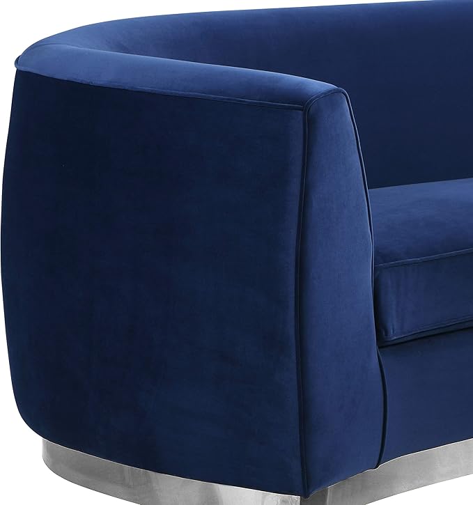 Meridian Furniture Julian Collection Modern | Contemporary Velvet Upholstered Loveseat with Stainless Steel Base in Polished Chrome Finish, Navy, 70" W x 34" D x 28" H