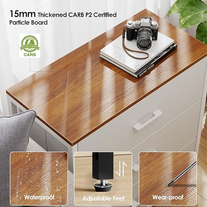 Memobarco Nightstand,Farmhouse Night stand with 3 Storage Drawer,Small Dresser for Bedroom,Chest of Drawers Fabric Dressers with Steel Frame,Wooden Top Front Bedside Table for Small Space,White+walnut - Image 4