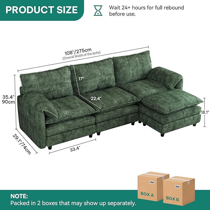 DWVO 108" Modular Sectional Sofa, Modern L Shaped Couch with Movable Ottoman, Pillow-Armrest, Velvet 4 Deep Seat Cloud Couch for Living Room, Green