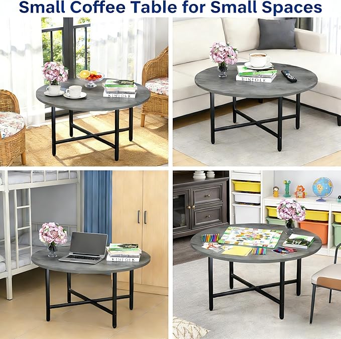 Round Coffee Table, 23.6" Small Coffee Tables for Living Room, Circle Coffee Table with Metal Frame, Floor Table Desk for Sitting on The Floor, Home, Office, Grey