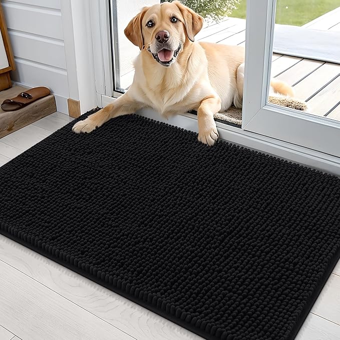 OLANLY Dog Door Mat for Muddy Paws 36x24, Absorbs Moisture and Dirt, Absorbent Non-Slip Washable Doormat, Quick Dry Chenille Mud Mat for Dogs, Entry Indoor Entryway Carpet for Inside Floor, Black by OLANLY