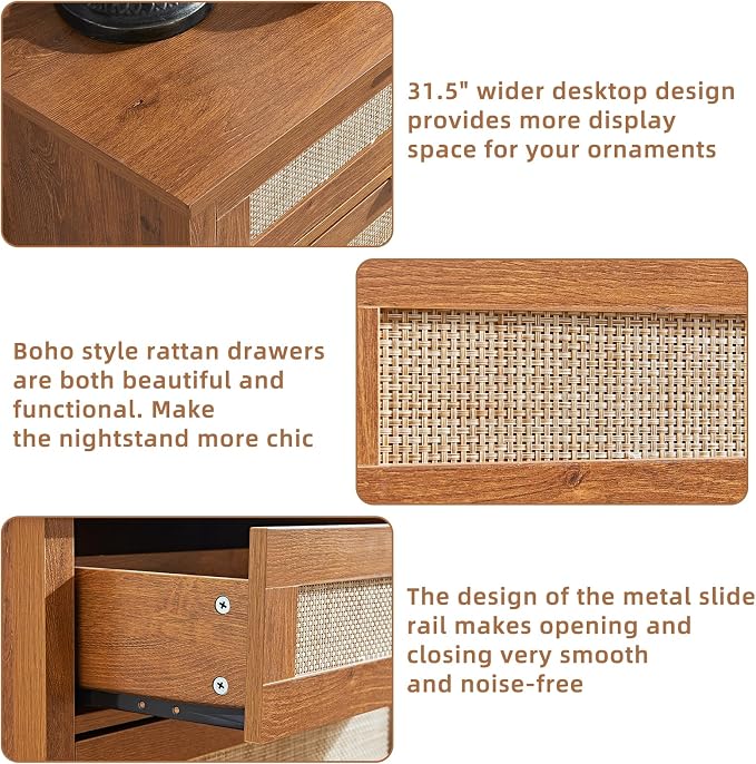 LEYAOYAO 31.5" Wide Rattan Nightstand, Large Boho 3 Drawer Night Stand, Tea Brown Bedside Table with Storage, Tall Bed Side End Tables, Chest of Drawers Dressers for Bedroom, Living Room, Hallway - Image 7