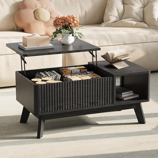 Wood Lift Top Coffee Table with Hidden Compartment and Large Storage Shelf, Lift Tabletop Dining Center Table for Home Living Room Office,Black