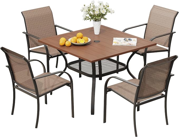 VICLLAX Outdoor Dining Set for 4, Patio Furniture Set of 4 Patio Stackable Dining Chairs and Outdoor Metal Square Table with Umbrella Hole for Backyard Lawn Garden, Brown Chairs and Walnut Table by HOME
