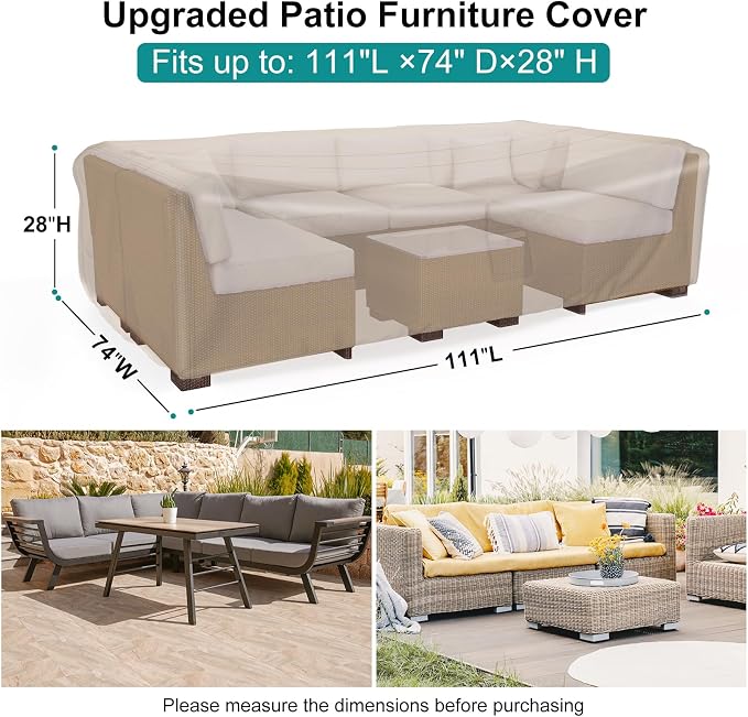 Patio Furniture Set Cover Waterproof, Heavy Duty Furniture Covers for Outdoor Sectional Sofa Set Wicker Rattan Table Chair Rectangular,111"L×74"W×28"H,Brown - Image 2