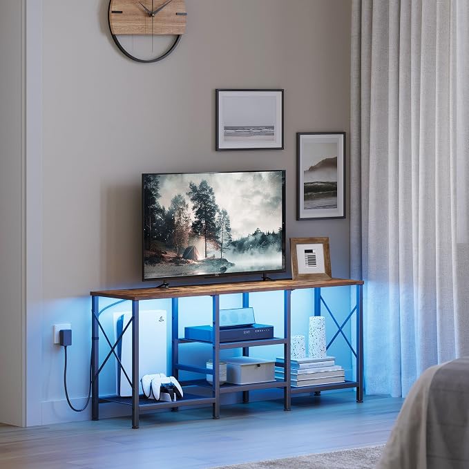 JARHETUN TV Stand with LED Lights for 55 Inch TV, Entertainment Center with 3-Tier Open Shelves, TV Console Table for Living Room, Bedroom, Rustic Brown - Image 8