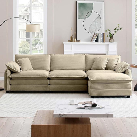 KEIKI 115" L-Shaped Oversized Corduroy Modular Sectional Sofa with 1 Ottoman, High-Density Foam Cushions, Removable Armrests, Upholstered 3-Seater Corner Couch with 5 Pillow, for Living Room, Tan