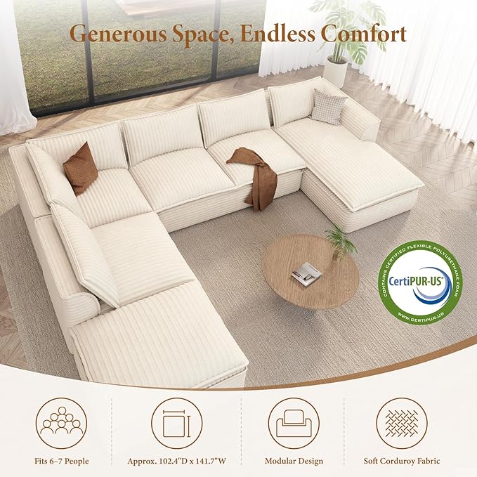 Vesgantti 141.7" Oversized Sectional Boneless Couch, Modern 7 Seater Modular Sofa with Chaise & Ottoman, Deep Seat Plush Corduroy Cloud Couches for Living Room, No Assembly Required, Beige