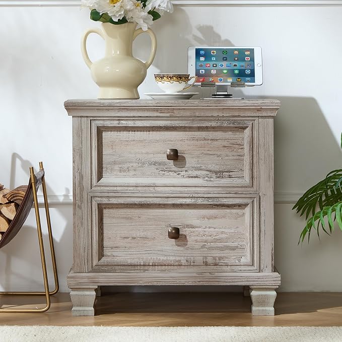 SAVOR LIFE Farmhouse Nightstand with Charging Station, Rustic Low Night Stand with 2 Drawers, Mid-Century Modern End Table with 4 Square Solid Wood Legs, Small Vintage Dresser for Bedroom, Home, Grey - Image 3
