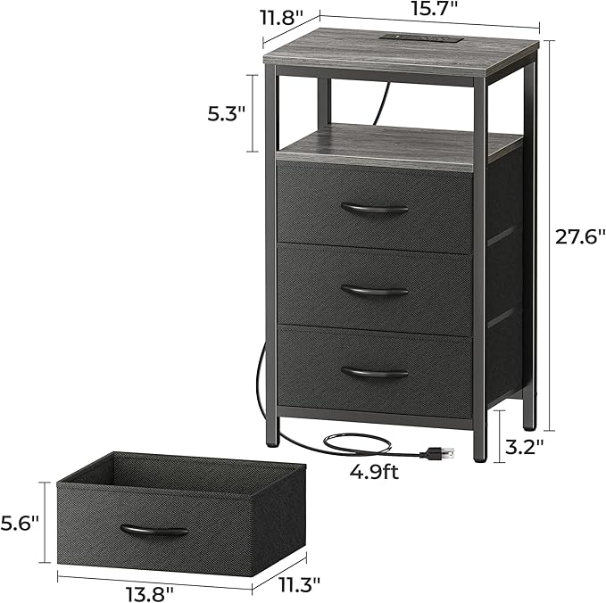 Huuger Nightstand with Charging Station, 27.6 Inch End Table Bedside Table with USB Ports and Outlets, Fabric Drawers, Night Stand for Bedroom, Charcoal Gray - Image 3