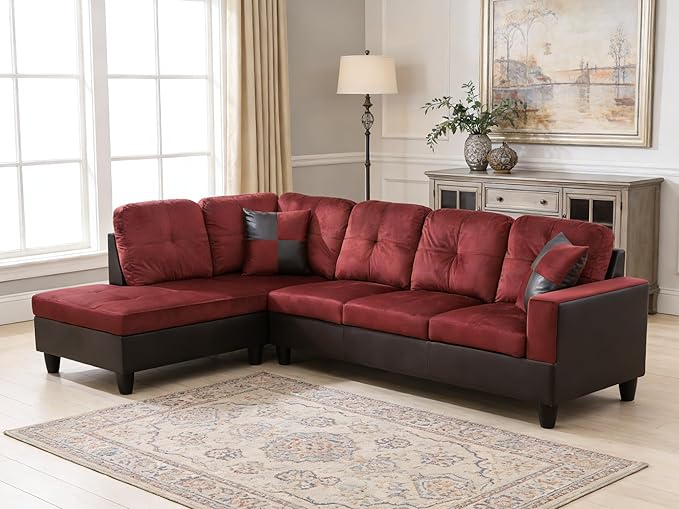103.5 Inch Modern L-Shaped Couch, Flannel Sectional Sofa with Chaise Lounge, 4-Seater Couch with Accent Pillows for Living Room, Apartment, Red