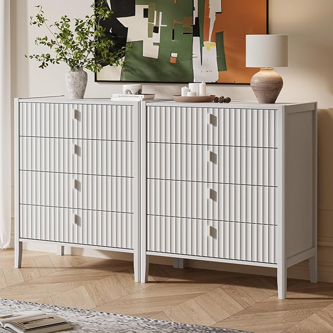 MAISONARIA 3-Piece Dresser Bedroom Set, 4 Drawer Dresser & 2 Drawer Nightstands with Metal Handles, Fluted Wood Chest of Drawers for Bedroom, Living Room, Entryway, White