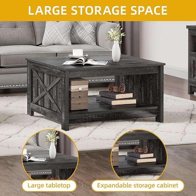 DWVO Square Coffee Tables for Living Room Farmhouse Coffee Table with Storage, 2-Tier Wood Center Table with Half Open Storage Compartment, Dark Rustic Oak
