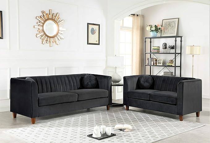 Arvilla 2 Piece Velvet Sofa Set with Bolster Pillows, Mid Century Modern Design, Chesterfield-Inspired Couch and Loveseat for Living Rooms, Midnight