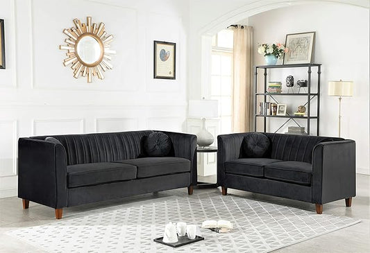Arvilla 2 Piece Velvet Sofa Set with Bolster Pillows, Mid Century Modern Design, Chesterfield-Inspired Couch and Loveseat for Living Rooms, Midnight