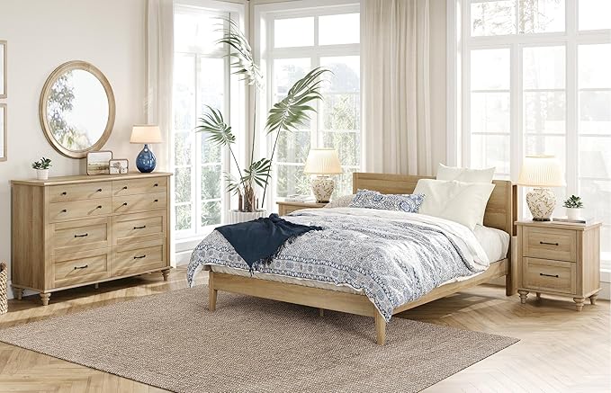 WAMPAT 2 Piece Bedroom Set - Includes 8 Drawer Dresser for Bedroom, Light Wooden Nightstand with Charging Station & Drawers, 2 Piece Dresser and Nightstand Sets, Oak