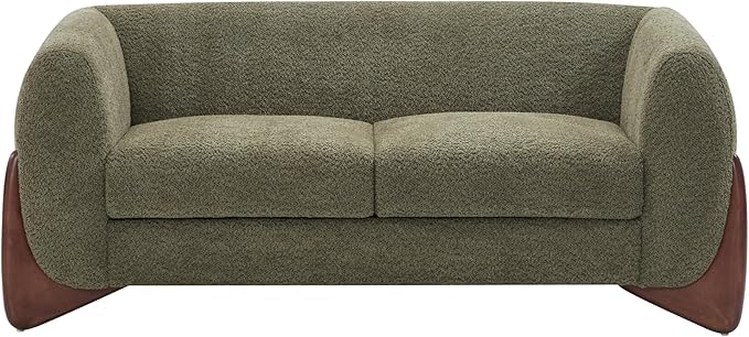 Merax 63 Inch Modern Boucle Upholstered 2-Seater Sofa, Chenille Fabric Loveseat with Solid Wood Legs, Low Profile Small Couch for Living Room, Olive Green