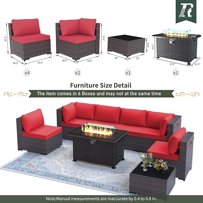 8 Pieces Outdoor Patio Furniture Set,Outdoor Sectional Furniture with 43" 55000 BTU Gas Propane Fire Pit Table,All Weather PE Rattan Wicker Patio Conversation Set,Red