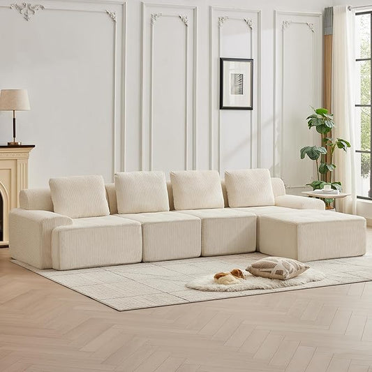 Modular Sectional Sofa with Movable Ottoman, 4 Seat Deep Seat Couch with 4 Pillows, Comfy Cloud Sectional Sofa for Living Room, Bedroom and Apartment (White, 2 Left+2 Right+1 Ottoman)