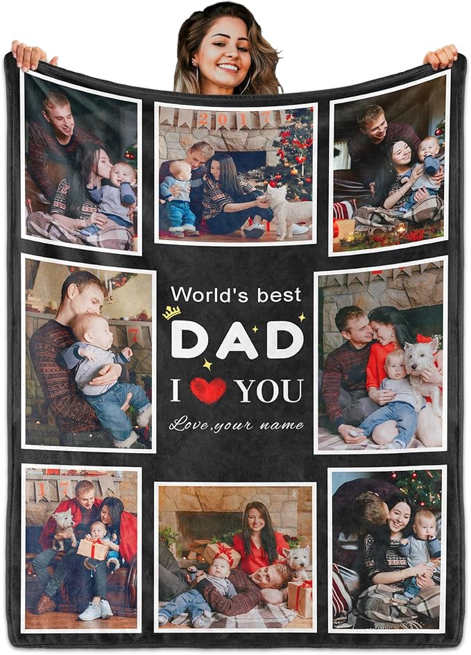 Gifts for Dad Custom Blanket with 8 Photo, Fathers Day Blankets with Picture to My Dad, HD Printing Customized Flannel Throw Blanket Gifts for Best Daddy Ever