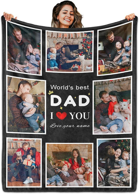 Gifts for Dad Custom Blanket with 8 Photo, Fathers Day Blankets with Picture to My Dad, HD Printing Customized Flannel Throw Blanket Gifts for Best Daddy Ever