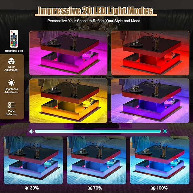 Red LED Coffee Table for Living Room, Living Room Table 2-Tier Square Modern High Glossy Contemporary Wood Coffee Tables with Storage, Tea Table for Dining Reception Room