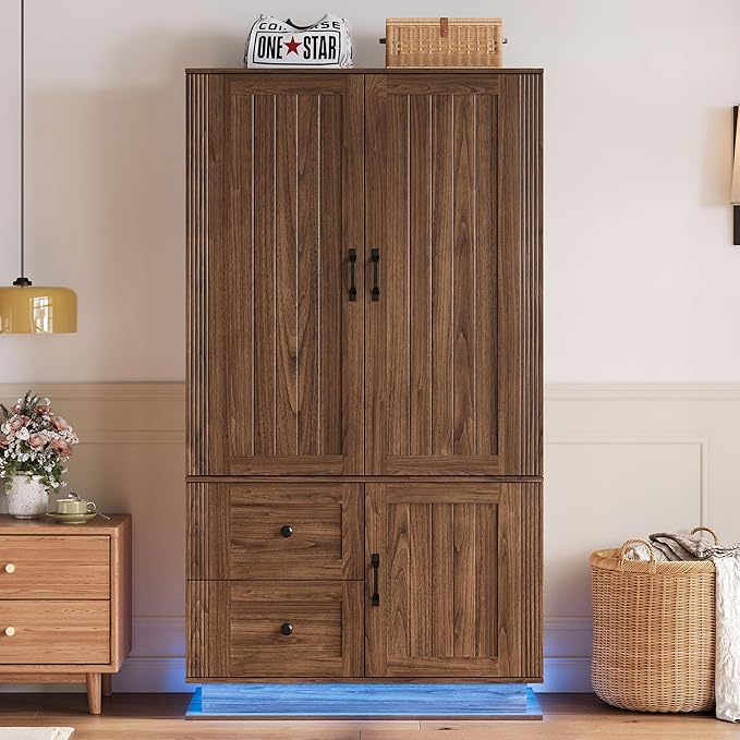 LIKIMIO Farmhouse Wardrobe Closet with Doors, 70" Bedroom Armoires with LED Lights and Hanging Rod, Wooden Large Wardrobe Cabinet with 2 Drawers and 1 Cabinet, Walnut