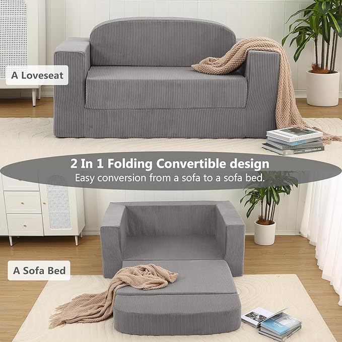 MeMoreCool Convertible Sofa Bed, Pull Out Loveseat Sleeper Sofa, Small Boneless Cloud Couch Bed for Adults, Fold Out Foam Love Seat, Corduroy Folding Floor Couch for Bedroom, Light Grey