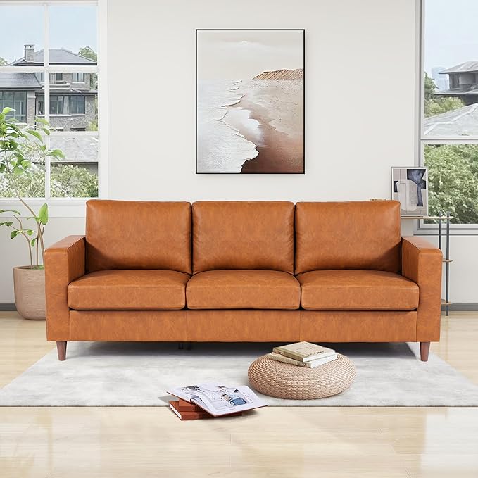 IDEALHOUSE 85" Leather Couch for Living Room, Modern Sofa Couches with Padded Backrest, Upholstered Sofa with Armrests and Comfy Cushions, Deep Seat Sofas for Living Room, Bedroom, Office
