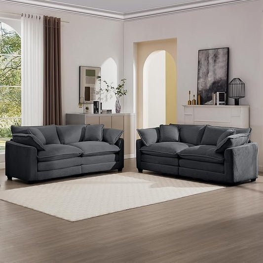 KEIKI 2-Piece Sofa Set with 2 Oversized Corduroy Loveseat Sofa, Upholstered Modern 4-Seater Corner Couch Set with 8 Pillow, High-Density Foam Cushions, Removable Armrests, for Living Room, Grey