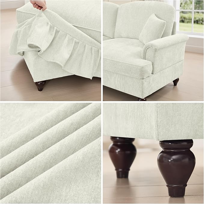 Oversized Large Two Seater Sofa, Comfy Chenille Love Seat Couch with Removable Ruffles Pleats & Large Petal-Shaped Armrests, Elegant Mid Century Convertible Sofa with Spindle Legs, Beige White