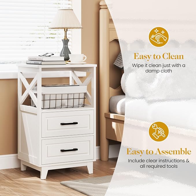 RoyalCraft 30" Tall Nightstand, Modern Painted Bedside Table with 2 Drawers and Open Shelf, Wood Side Table for Bedroom, Home Office, White-Open Shelf Above, Set of 1 - Image 3