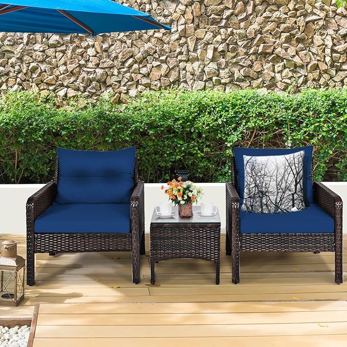 Tangkula 3 Piece Outdoor Patio Furniture Set, Wicker Chairs Set with Glass Top Coffee Table, Thick Cushions, All Weather Garden Lawn Poolside Backyard Porch Furniture Set for 2 (Blue)